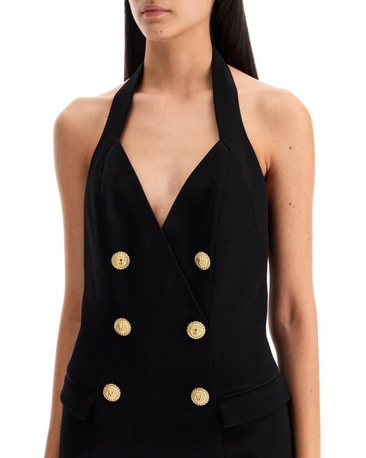 Balmain Black Elegant Chain-Buttoned Halter Mini Dress