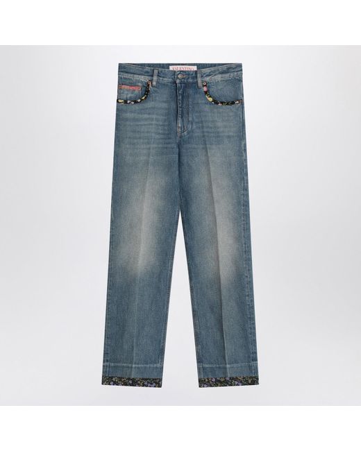 Valentino Blue Washed Jeans With Floral Fabric Trims