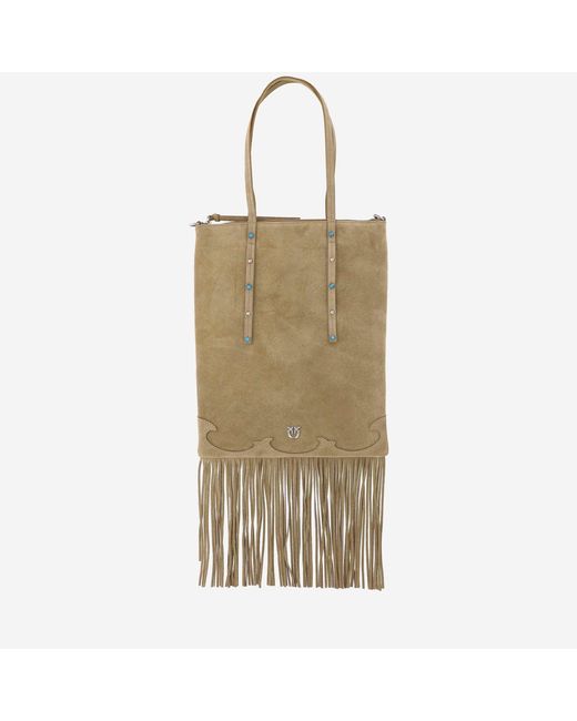 Pinko Natural Suede Shopping Bag With Fringes