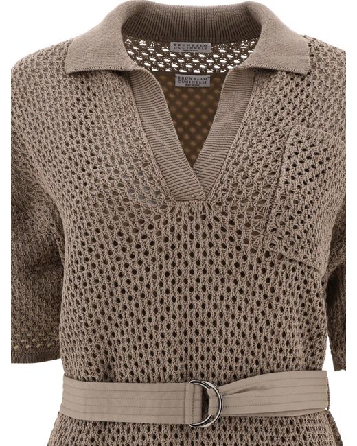 Brunello Cucinelli Net Knit -jurk Met Riem in het Gray