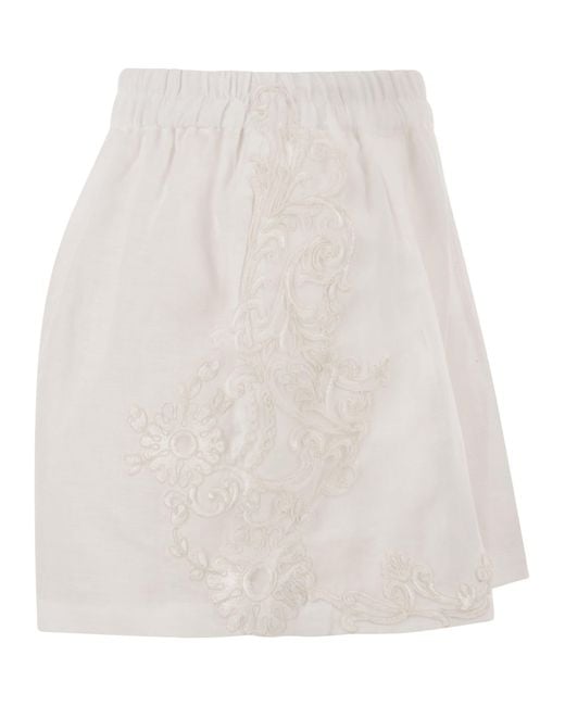 Maurizio Mykonos White Linen Shorts With Embroidery And Elasticated Waistband