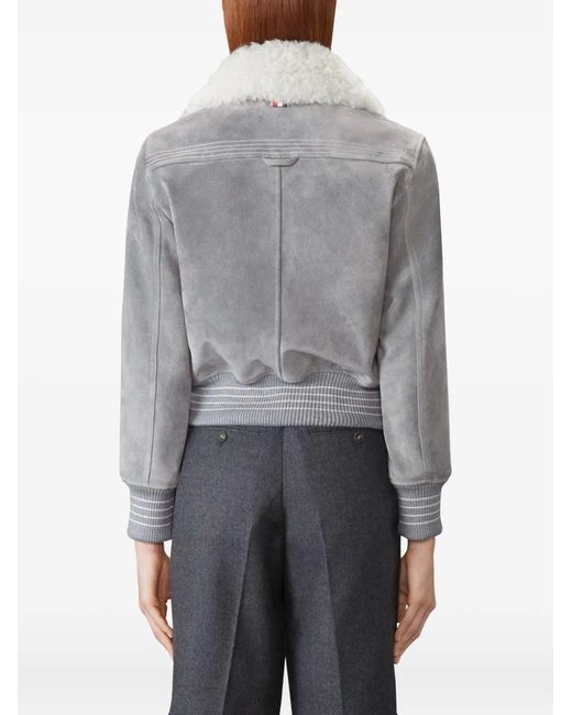 Thom Browne Gray Cropped Flight Jacket W/ Shearling Collar