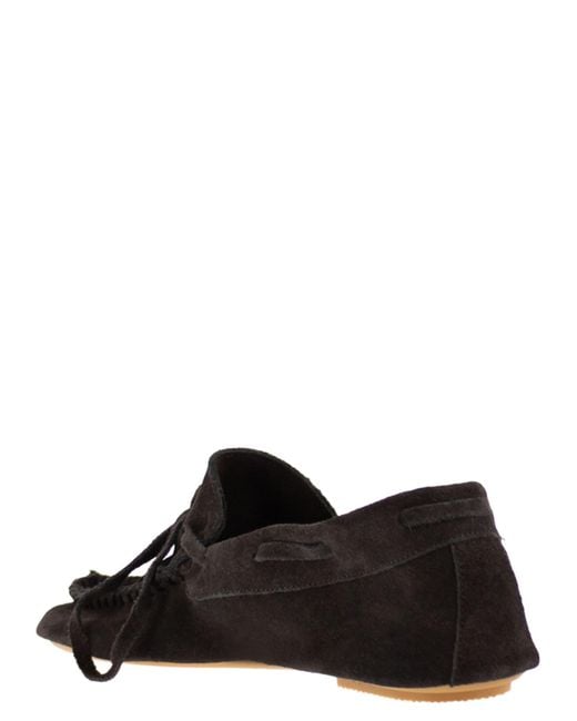 Anniel Black Suede Loafers With Fringes And Decorative Laces