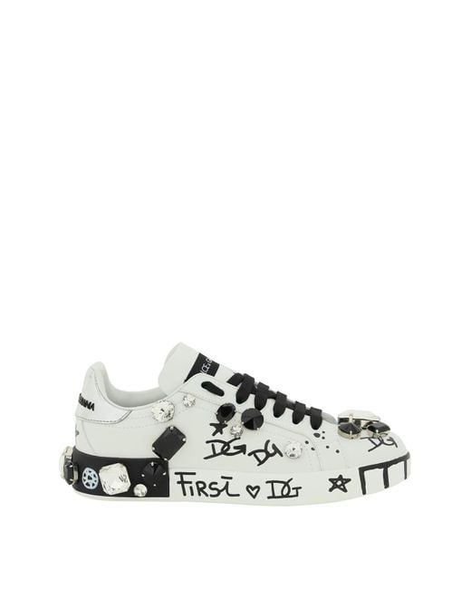 Dolce & Gabbana White Bedruckte Portofino-Sneakers aus Leder mit Steinen