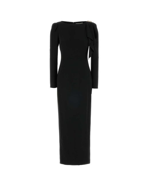Alessandra Rich Black Cady Evening Dress With Volant And Side Split