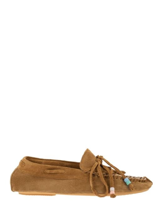 Anniel Brown Suede Loafers With Fringes And Sequin Detail