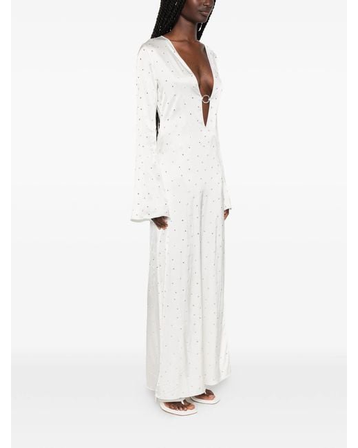 Oseree White Crystal-Embellished Ring-Detail Maxi Dress