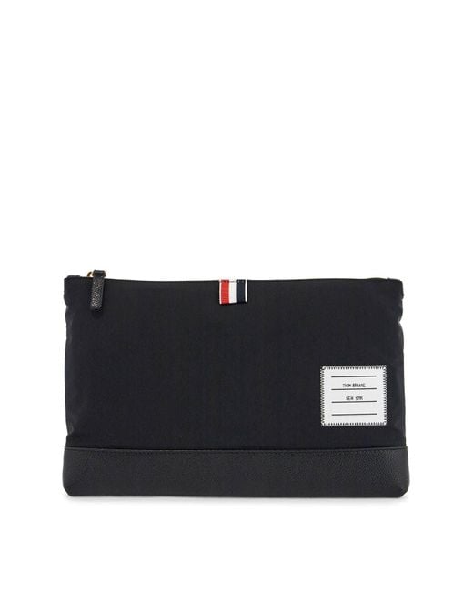 Thom Browne Black Large Pouch With Zip And Tricolor Stripe for men