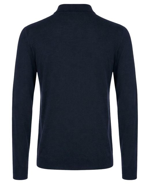 Drumohr Blue Merino Wool Polo Shirt With Collar And Front Button Closure, Long Sleeves for men