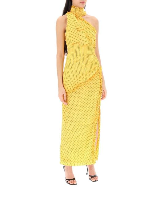 Alessandra Rich Polka Stip Een Schouder Maxi -jurk in het Yellow