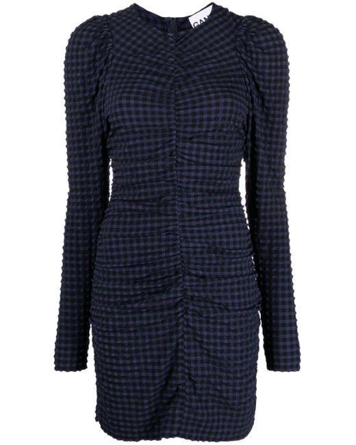 Ganni Geruite Seersucker Mini-Jurk in het Blue