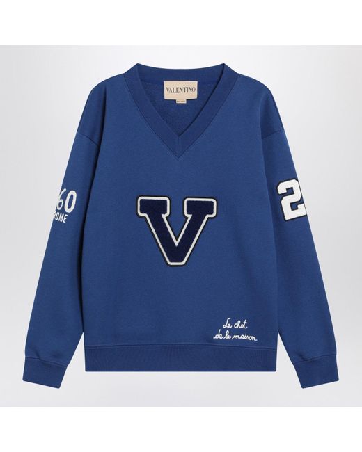 Valentino Blue Sweatshirt With V And Le Chat De La Maison Embroidery