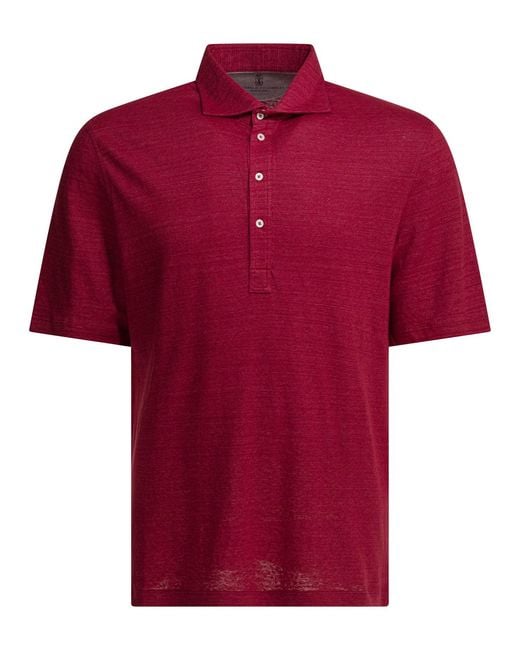 Brunello Cucinelli Red Mélange Jersey Linen Cotton Polo Shirt