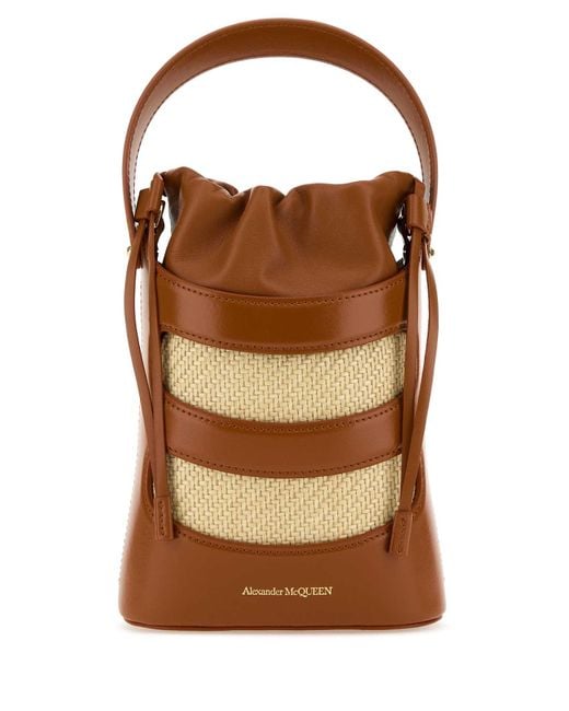 McQueen Brown Two-Tone Leather And Raffia Mini The Rise Bucket Bag