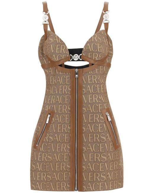 Versace Monogram Mini -kleid Mit Lederverkleidungen in het Brown