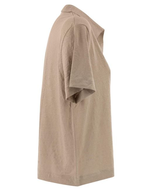 Majestic Natural Cropped Linen Stretch Polo With V Neck