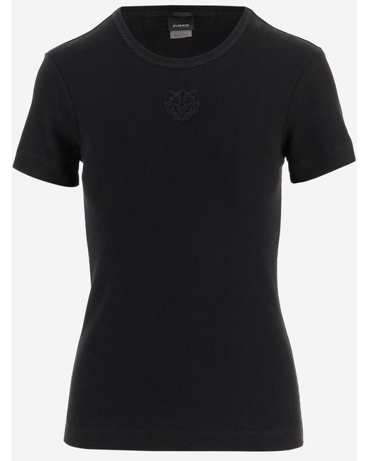 Pinko Black Stretch Cotton T Shirt With Love Birds Embroidery