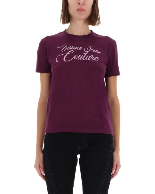 Versace Jeans Couture Purple T-Shirt With Logo And Rhinestones