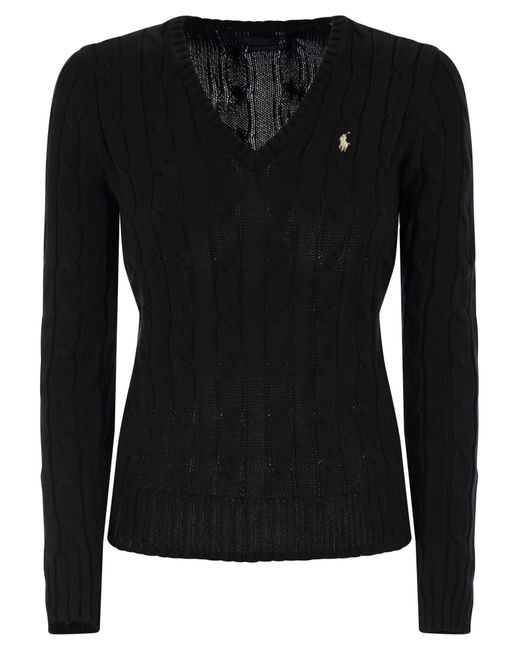 Polo Ralph Lauren Black Plaited Cotton V-Neck Sweater Sweater
