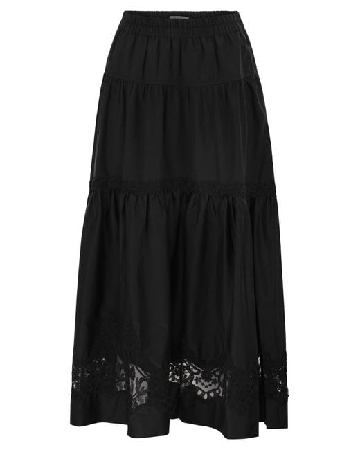 Maurizio Mykonos Black Cotton And Rayon Midi Skirt With Embroidered Inserts