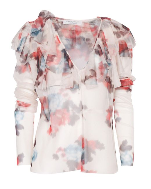 Philosophy Di Lorenzo Serafini Pink Blouse With Abstract Pattern And Ruffle Design