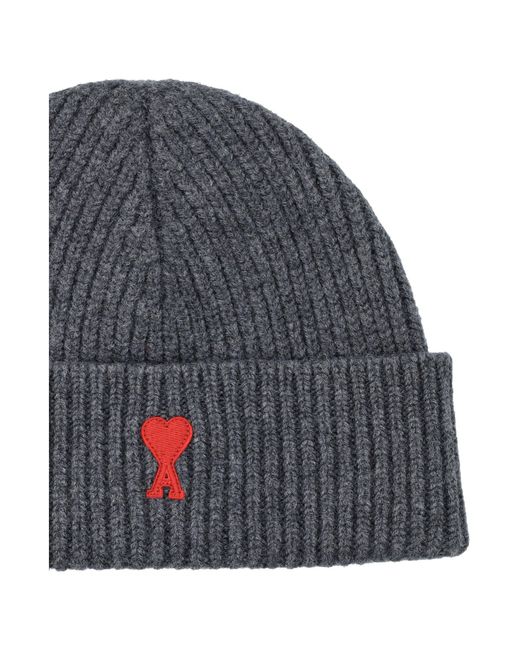 AMI Blue De Coeur Wool Beanie Grey for men