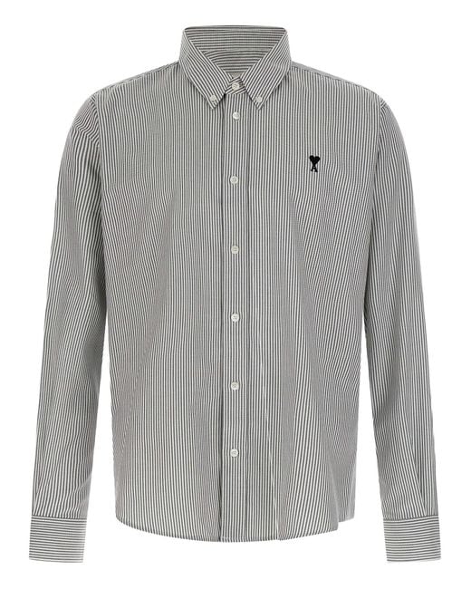 AMI Gray Button-Down Striped Oxford Shirt With Embroidered Logo for men