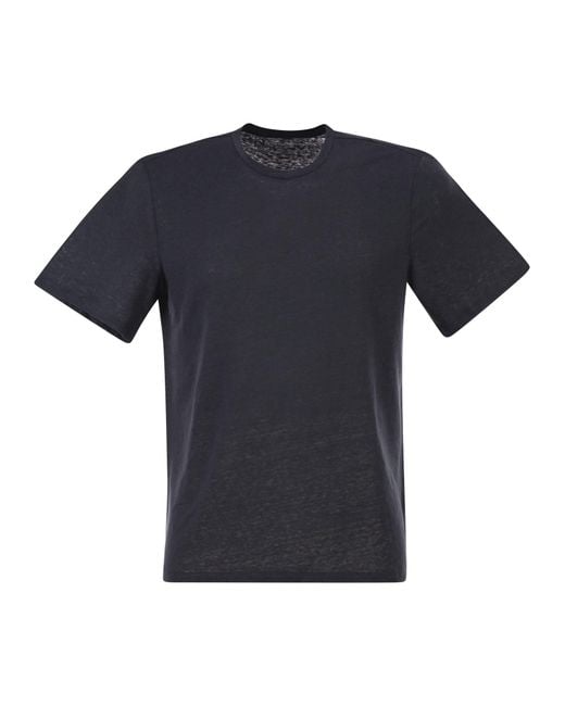 Majestic Black Stretch Linen T Shirt With Round Neckline