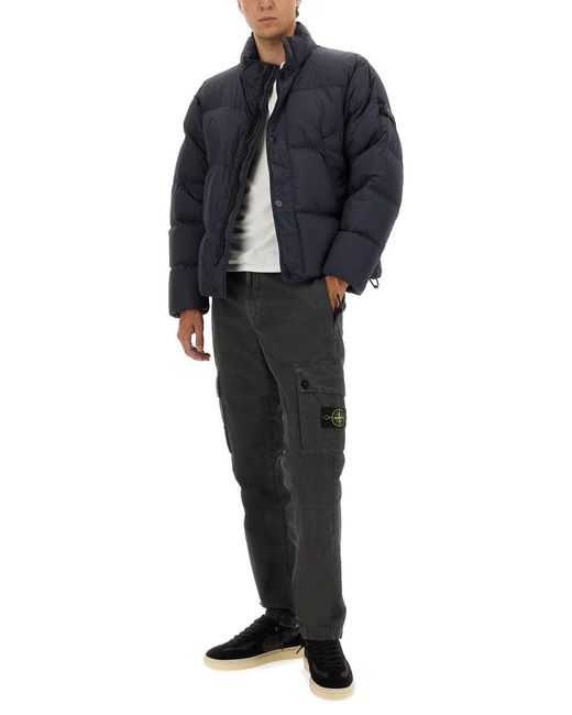 Stone Island Blue Solid Mock Collar Jacket for men