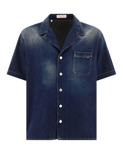 Valentino Cotton Bowling Shirt In Denim Chambray in het Blue