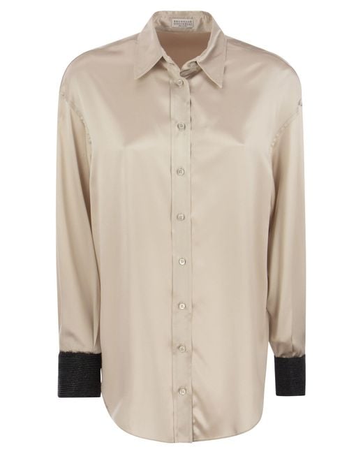 Camisa de satén de seda elástica con puños de contraste preciosos Brunello Cucinelli de color Natural