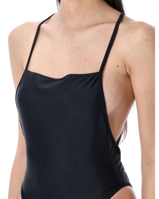 MARINE SERRE Blue One-Piece Swimwear With Crisscross Back Detail