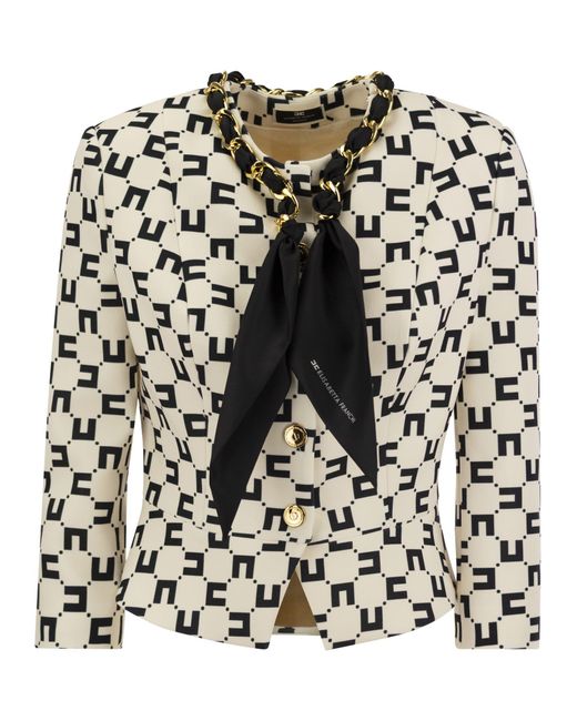 Elisabetta Franchi Black Logo Print Crepe Jacket With Foulard Chain