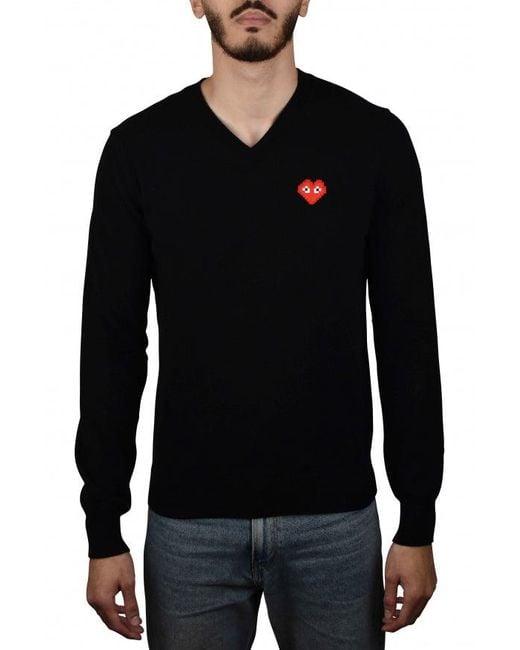 Comme des Garçons Black V-Neck Wool Sweater With Iconic Heart Emblem for men