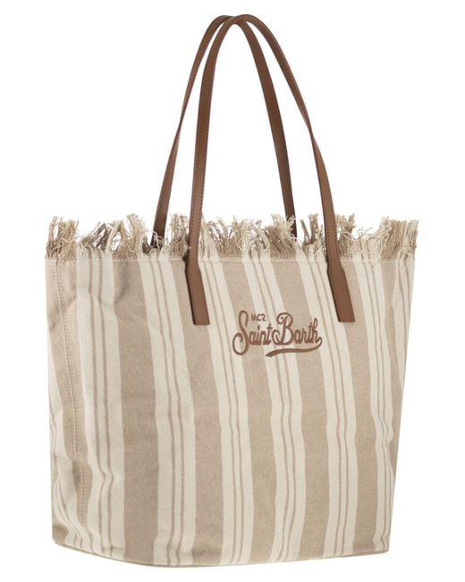 Mc2 Saint Barth Natural City Shopper Bag With Stripes And Embroidered Logo