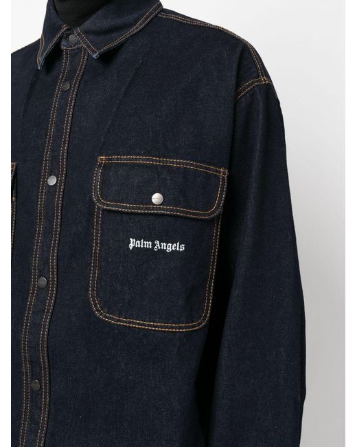 Palm Angels Blue Palm Angles Logo-Embroidered Denim Shirt for men