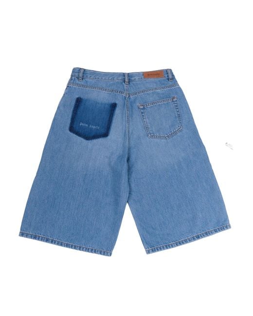 Palm Angels Blue Logo Baggy Denim Bermuda Girl