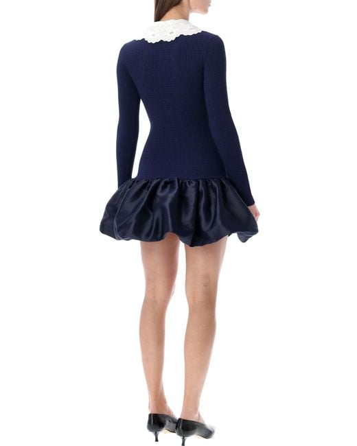 Self-Portrait Blue Knit And Taffeta Mini Dress