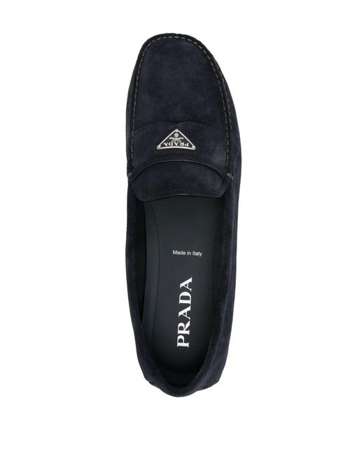 Prada Blue Enamel-Triangle-Logo Suede Loafers for men