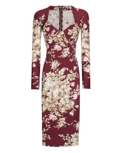 Dolce & Gabbana Midi-Jurk Met Bloemenprint Em Lange Mouwen in het Multicolor