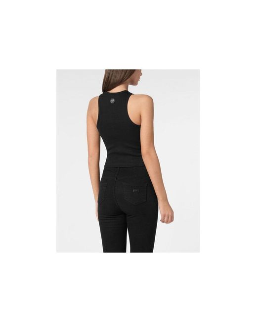 Philipp Plein Black Jersey Rib Tank Top Fringe
