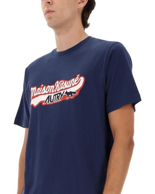 Autry X Maison Kitsune Blue T-shirt With Logo