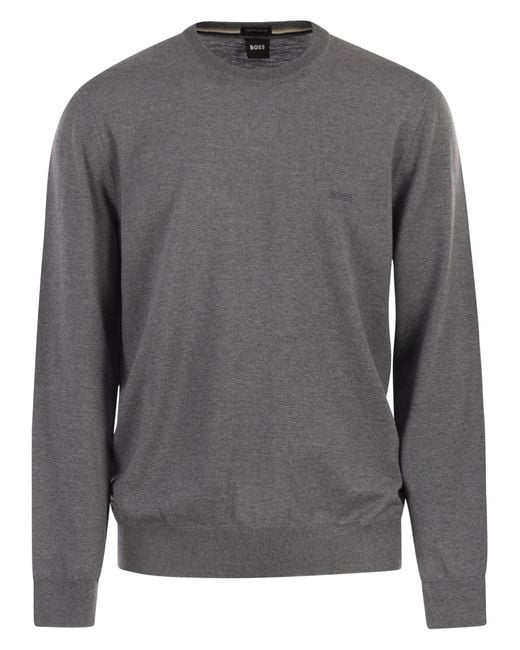 Boss Gray Regular Fit Virgin Wool Jumper With Embroidered Logo for men
