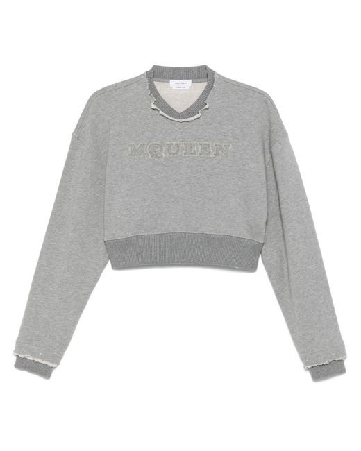 McQueen Alexander Mc Queen Logo Cotton Bijgesneden Sweatshirt in het Gray