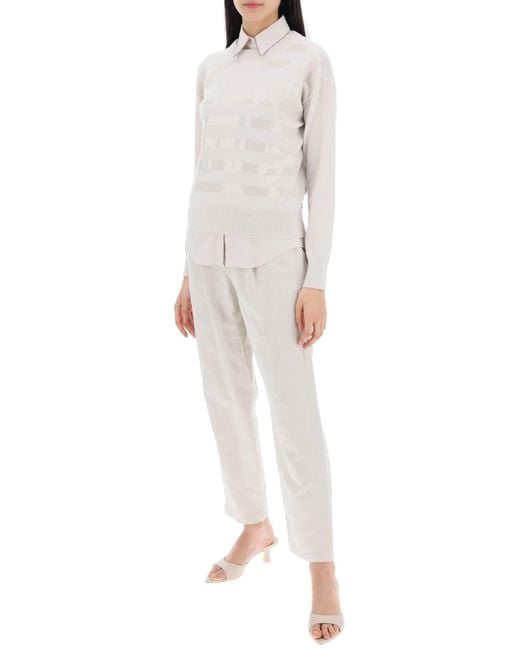 Pantaloni in tela di e tela di cotone. di Brunello Cucinelli in White