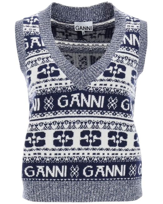 Ganni Multicolor Blue Logo Wool Mix Weste