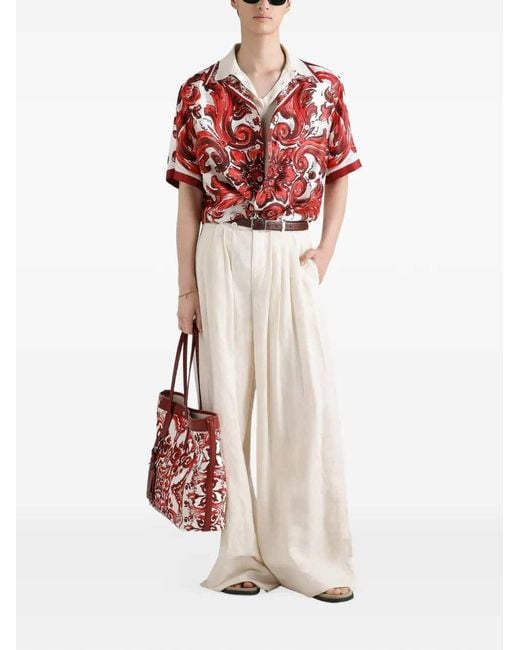 Dolce & Gabbana Red Dolce & Gabbana Silk Twill Hawaiian Shirt With Majolica Print for men