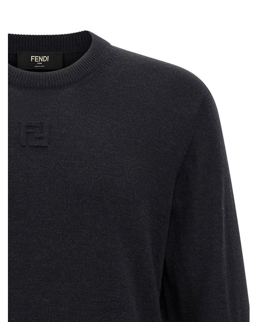 Fendi Embossed Logo Wool Yarn Sweater With Crew Neck And in Blue für Herren