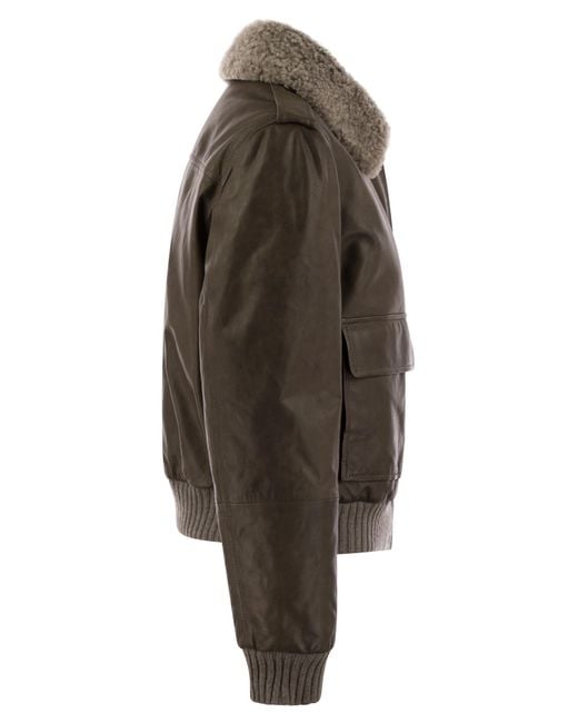 Brunello Cucinelli Black Leather Bomber Jacket And Shearling Collar