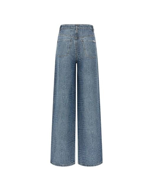 Self-Portrait Blue Rhinestone Croc Effect Wide Leg Jeans